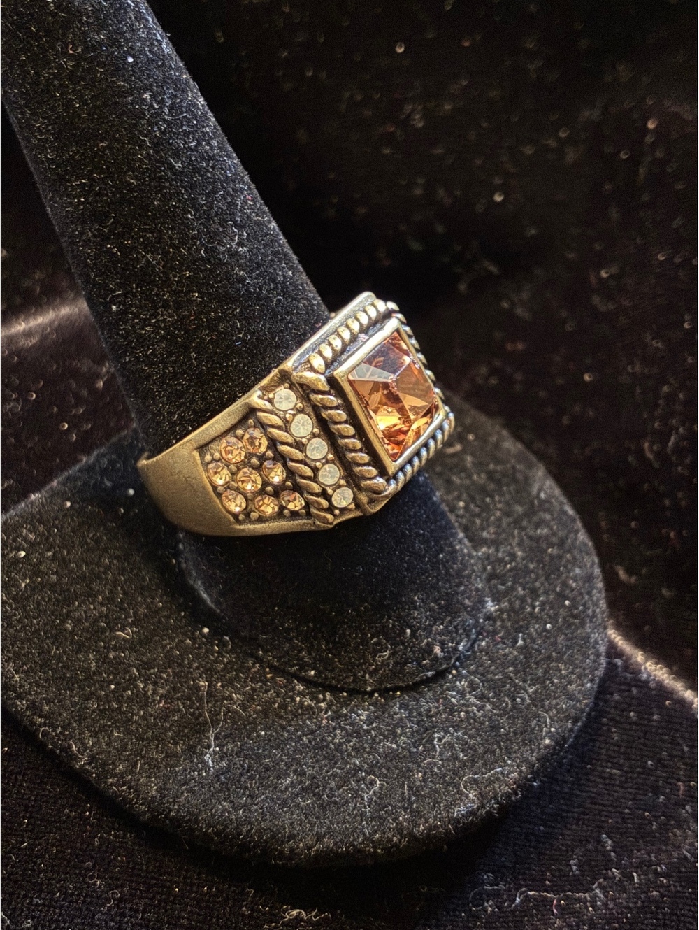 Heidi Daus Vintage Style Bronze Tone Square Amber Crystal Statement Ring Size 10